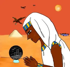 a peek into the future. Viewing a globe showing a city skyline in Egyptian times with pyramids in the background