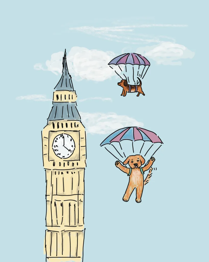 A caboodle and his daschund pal parachuting over big ben. Bold and magical illustration. Absurdity unleashed