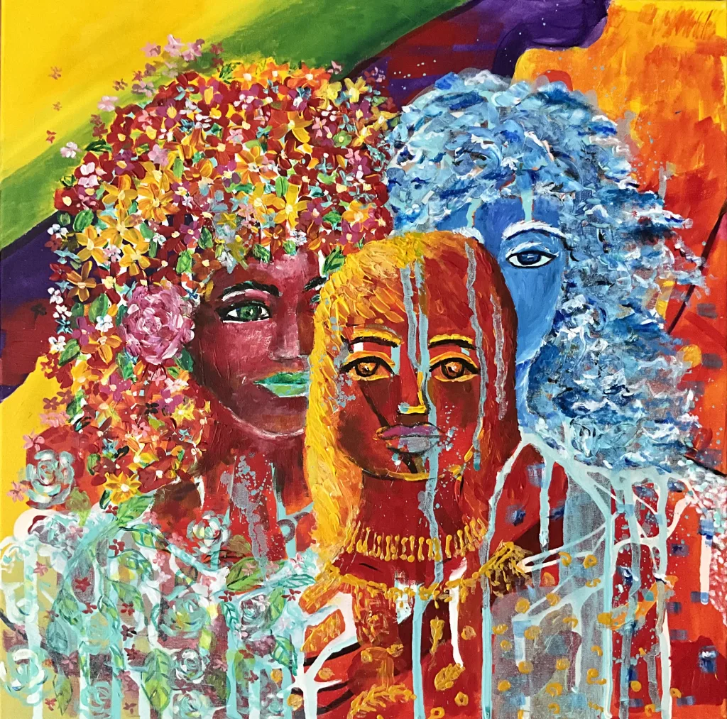 FINE ART PAINTING TITLED THREE GRACES BY DILRUKSHI MENDIS inspired by greek mythology and alluding to climate change