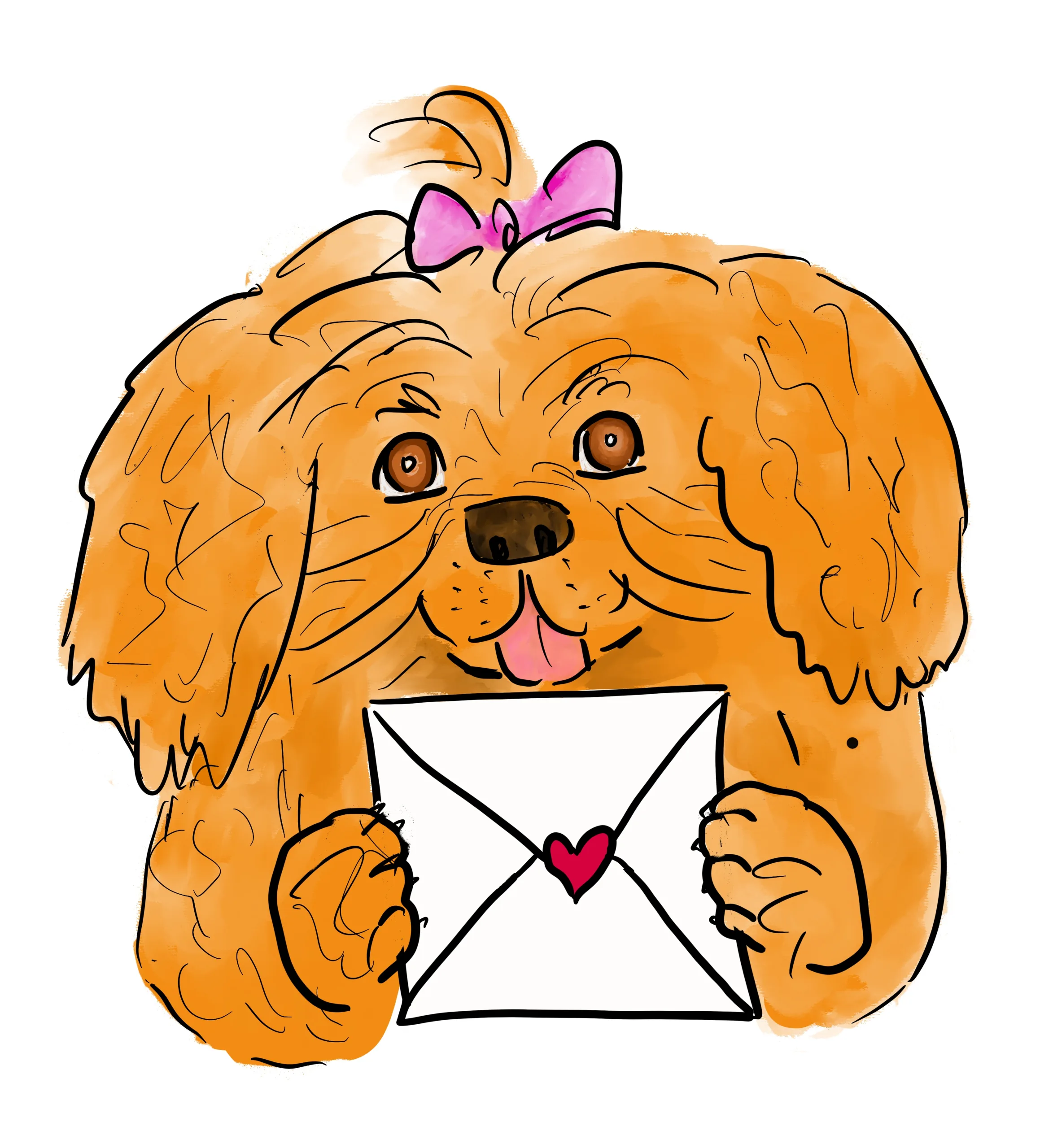 a fluffy tan dog holds an envelope with a heart on the seal