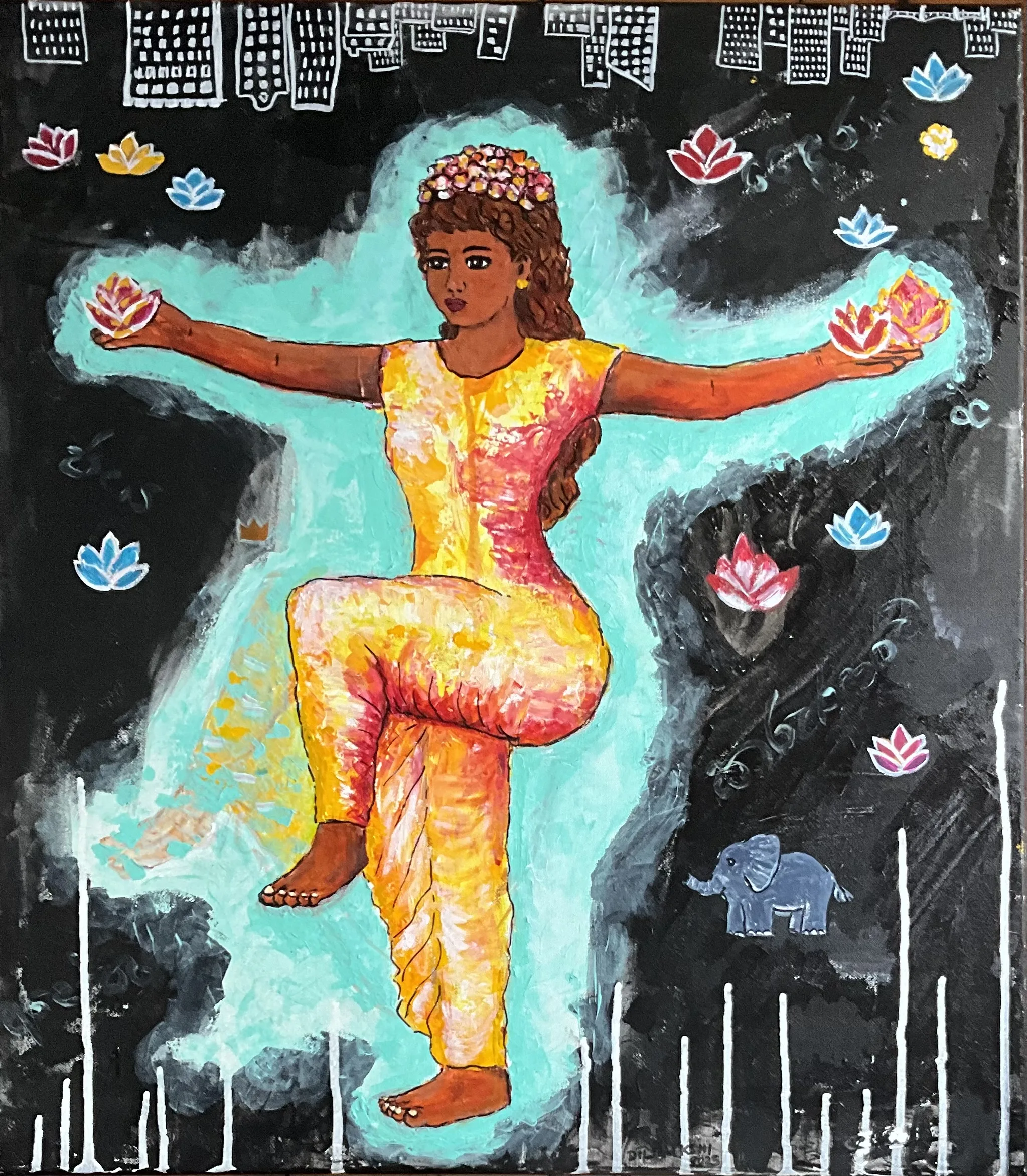 a dancer in yellow and red dances bathed in turquoise light against a black background with a city skyline hanging upside down overhead