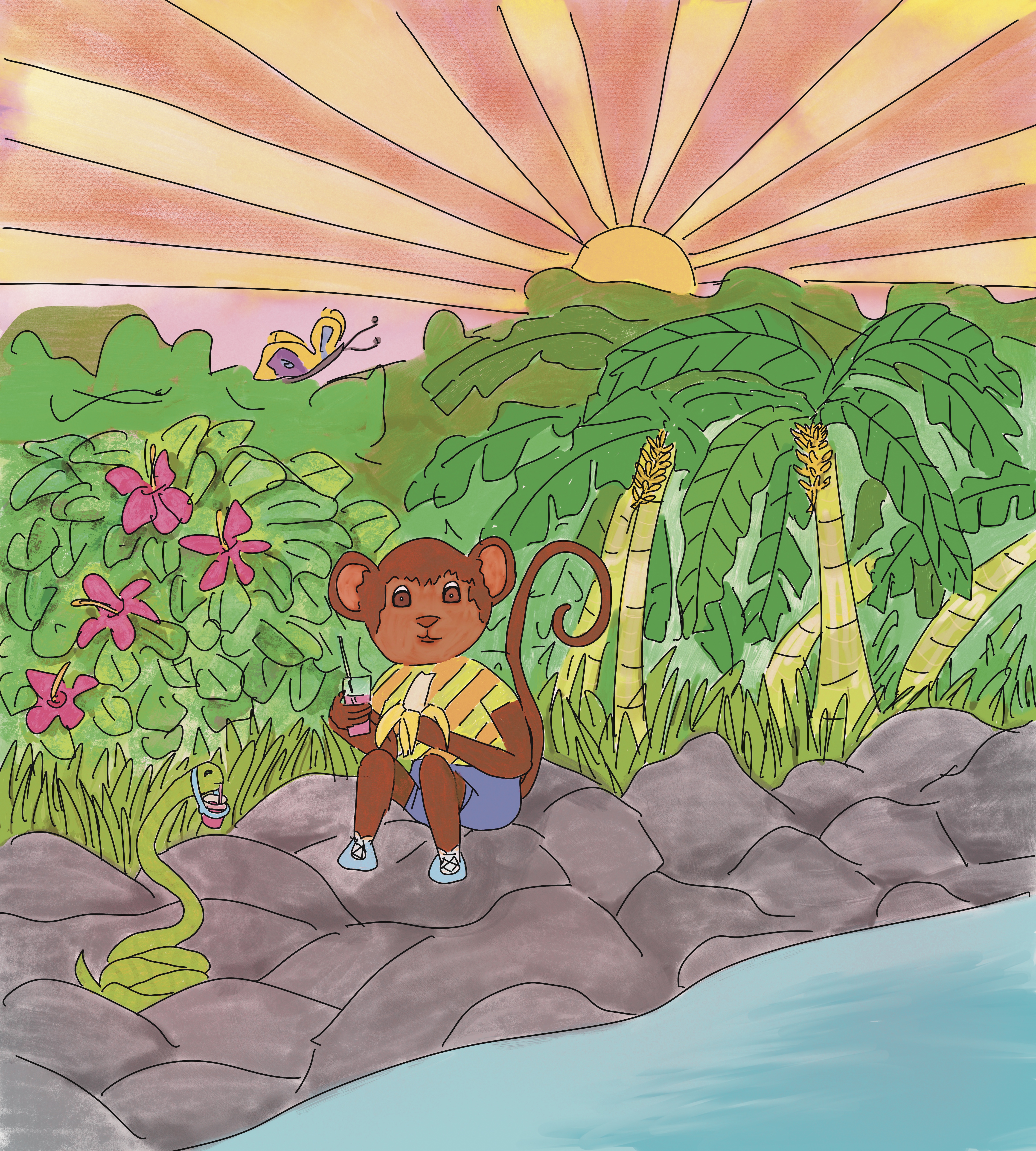 A monkeys eats a banana and drink in the jungle with his snake pal with a sunset behind him.