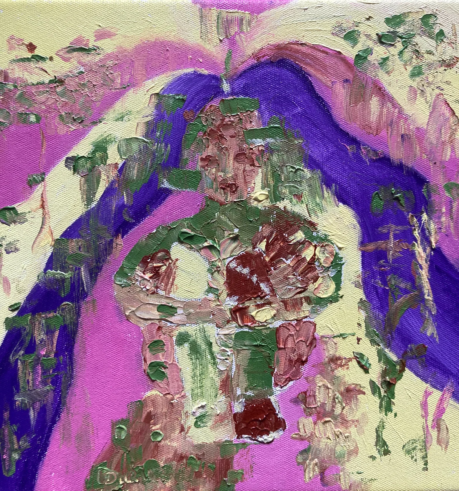 Well. expressing recovery after cycling accident. An oil painting shades of yellow, pink, purple brown and green. shows a central fgure hugging themselves surrounded by swirls of yellow, pink and green