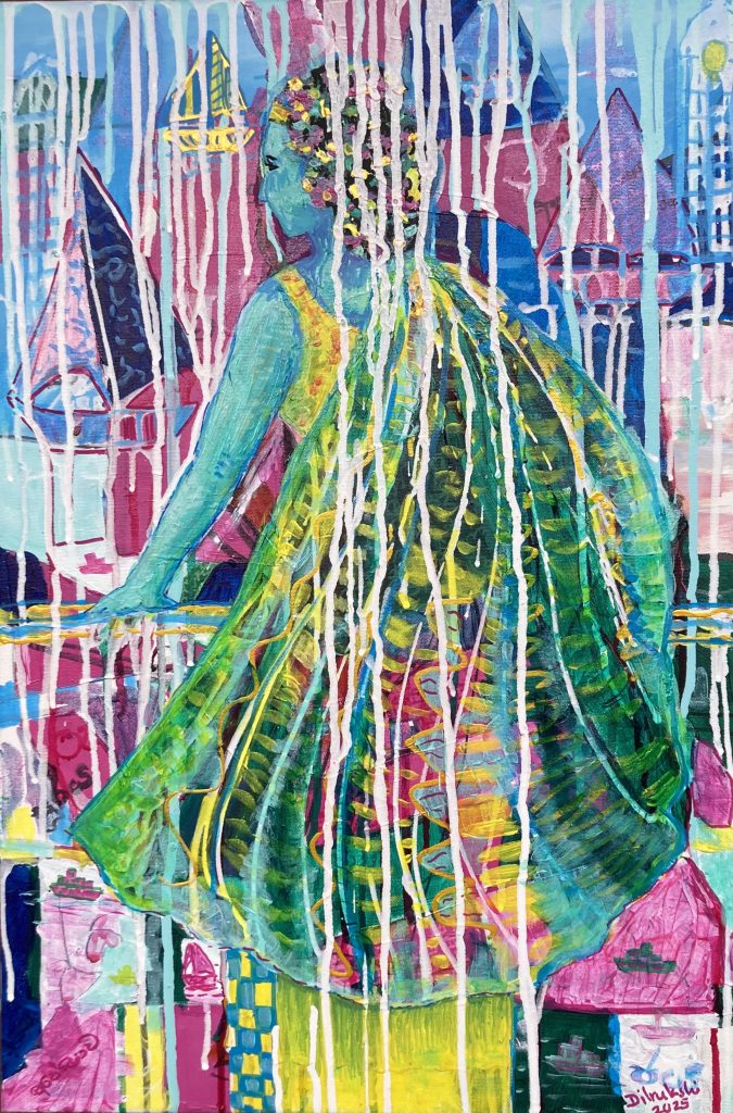 A stylised woman with green skin stands at a balcony watching ships move around waiting for her opportunity
