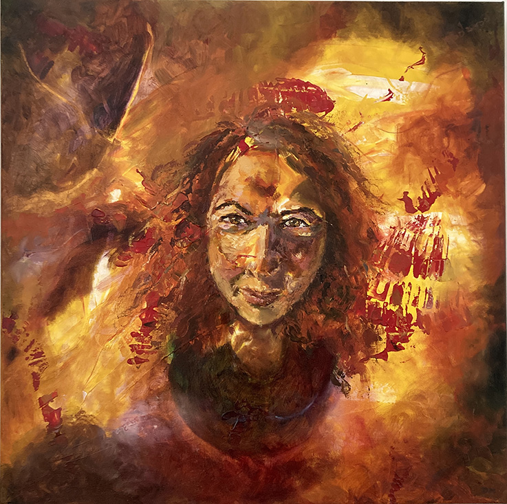 A woman looks out with determination surrounded by fire and chaos. She represents Hope that is aware, active and steadfast in a world of suffering