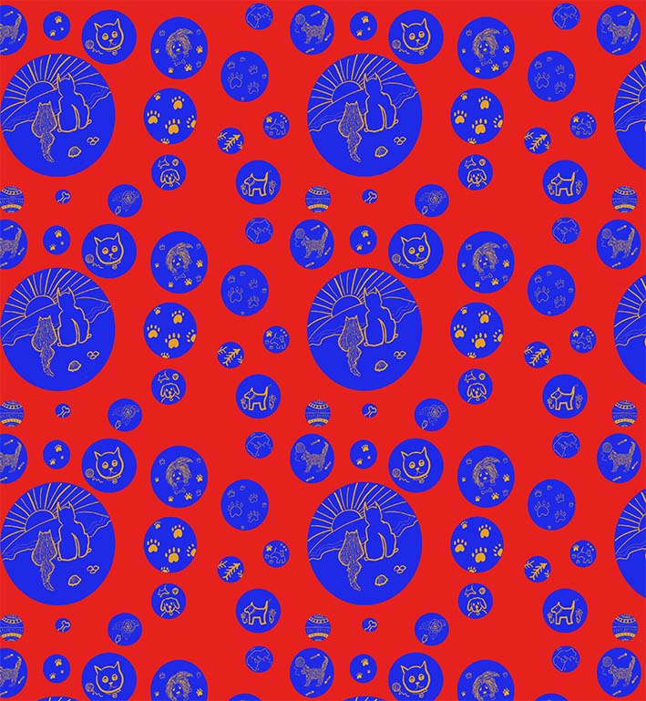blue baubles on red