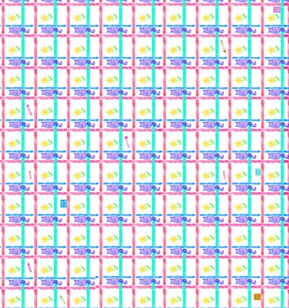 drawings of a purple cat silhouette in crayon on a pink grid dotted with cat treats, fish bones and yellow flowers